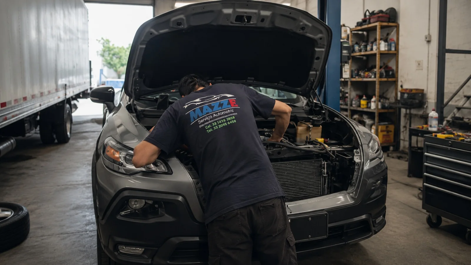 Técnico de MAZZE Automotriz revisando un vehículo